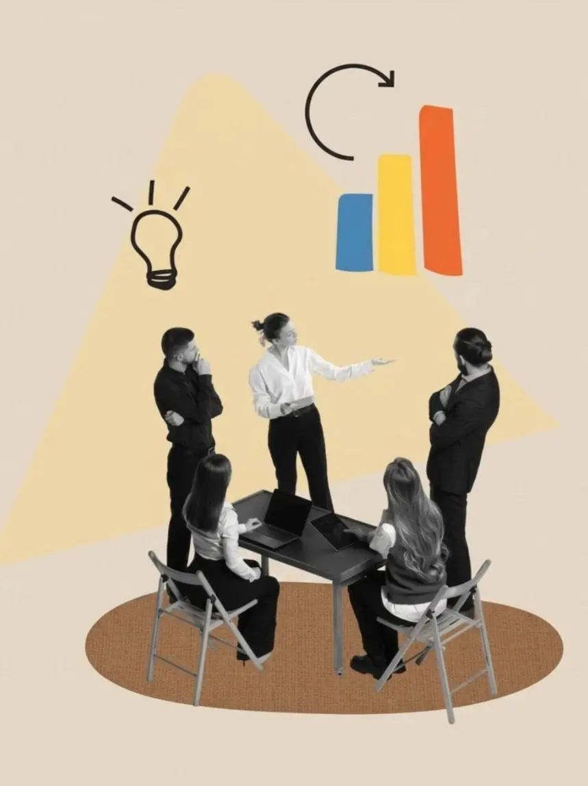 Illustration of a team discussing digital marketing, SEO strategy, and social media analytics